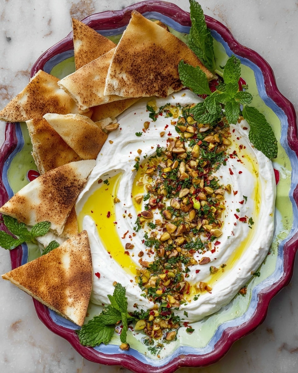 A colorful scalloped white plate holds several pieces of toasted pita bread cut into triangles, positioned in the top left section. On the right side of the plate, there is a thick layer of creamy white dip spread out in a smooth swirl pattern. The dip is topped with a generous drizzle of golden olive oil, scattered red chili flakes, chopped green herbs, and mixed toasted nuts including pine nuts and pistachios. Fresh green parsley and mint leaves are placed between the pita and the dip, adding a touch of bright green color. The dish is set on a white marbled surface. Photo taken with an iphone --ar 4:5 --v 7