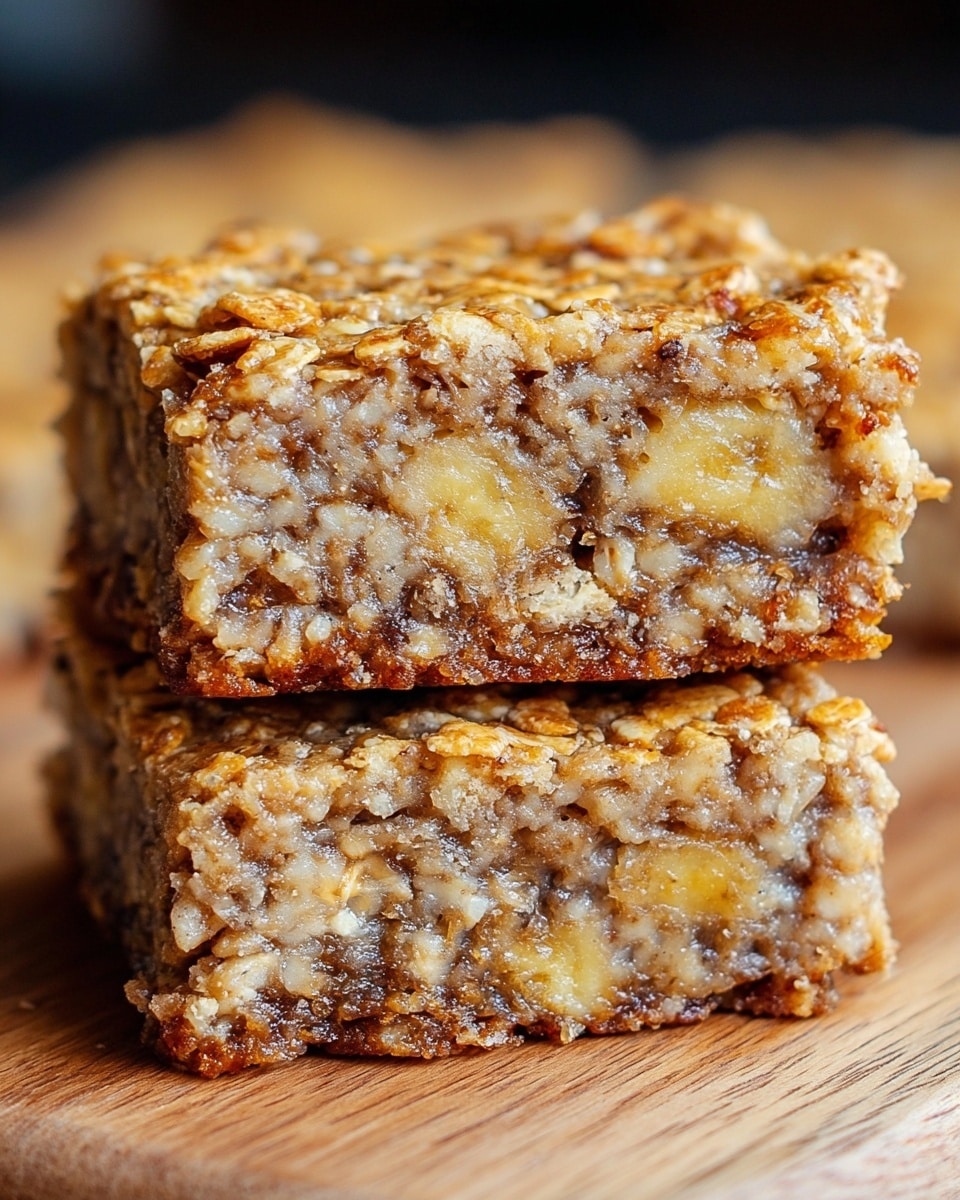 Two layered oat banana bars stacked on top of each other on a wooden surface with a blurred background. The top layer is golden brown with visible oat flakes creating a rough texture. The bottom layer is denser and filled with chunks of banana, showing a moist and soft texture in light brown and yellow shades. The edges are slightly crispy and darker brown. Photo taken with an iphone --ar 4:5 --v 7