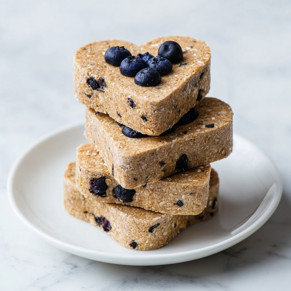 The image shows a stack of heart-shaped dog chews on a white plate. Each chew has a light brown color with visible oats and small dark blueberries embedded throughout. The chews have a slightly rough texture, and the top ones clearly show the blueberries sitting on the surface. The stack is placed on a white marbled surface, giving a clean and simple look. photo taken with an iphone --ar 4:5 --v 7
