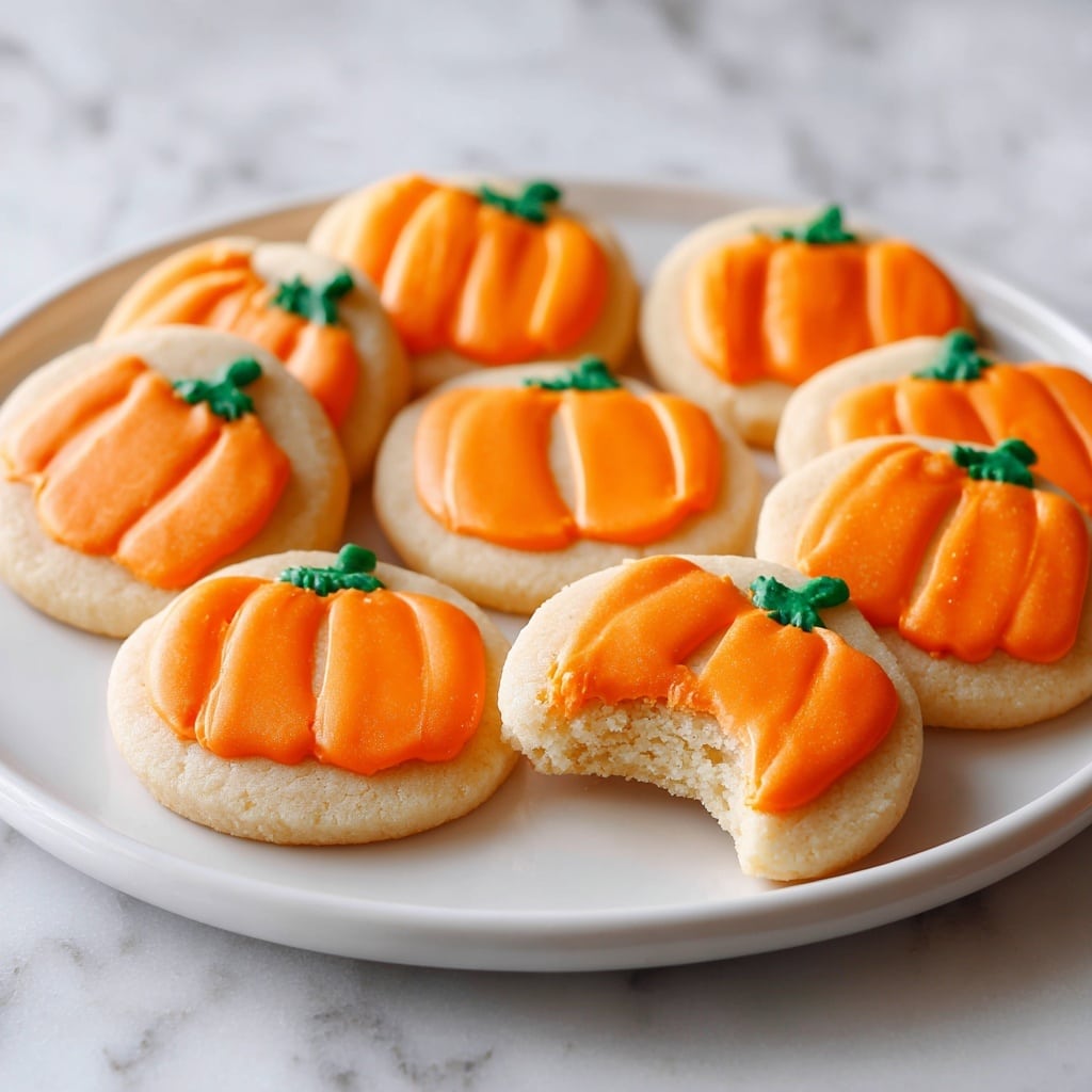 The image shows a white plate with eight pumpkin-shaped sugar cookies on it, arranged in a circle on a white marbled surface. Each cookie has two layers: a thick, soft, light beige cookie base with a slightly crumbly texture, and a smooth, bright orange icing layer on top shaped like a pumpkin, featuring small ridges to mimic the pumpkin’s curves and a small green stem at the top. One cookie in the front has a bite taken out of it, showing the soft cookie inside beneath the orange icing. The photo taken with an iphone --ar 4:5 --v 7