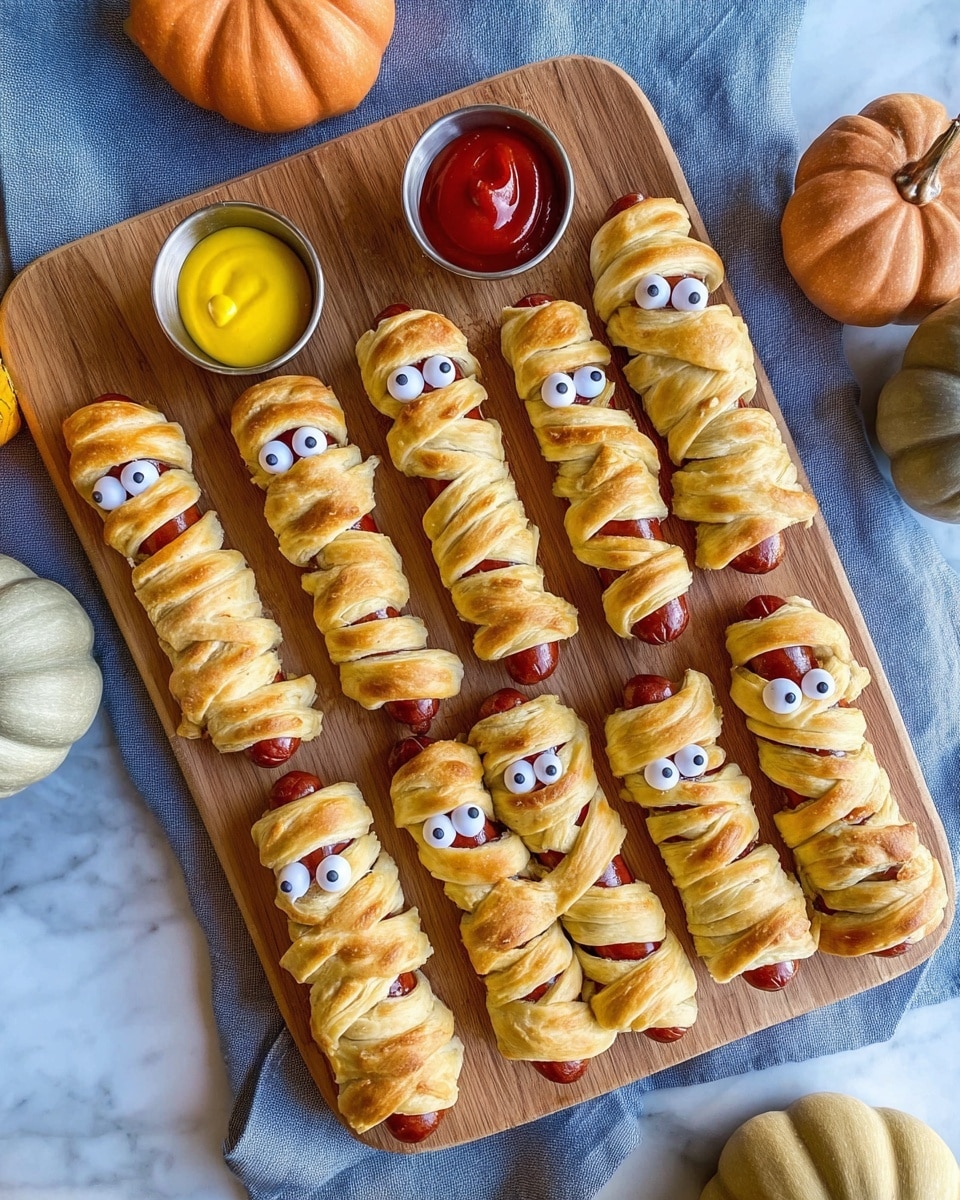 A wooden board holds nine baked hot dogs wrapped in golden brown dough strips to look like mummies, each with two white candy eyes with black pupils peeking out near the top; the dough is layered in an overlapping pattern with some gaps showing the reddish-brown sausage beneath; two small metal cups with smooth red ketchup and bright yellow mustard sit at the top left corner of the board; the board is placed on a soft blue cloth on a white marbled surface, with three fabric pumpkins in muted colors positioned around it. photo taken with an iphone --ar 4:5 --v 7