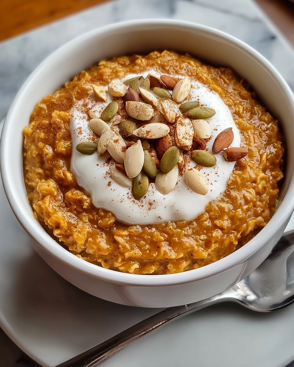 A white bowl filled with a thick, orange-brown oatmeal base that has a creamy and textured look, topped in the center with a dollop of smooth white yogurt. On top of the yogurt, there is a layer of mixed nuts including light beige pumpkin seeds and darker brown almonds, sprinkled with a fine dusting of cinnamon. The bowl sits on a white plate, and the background is a white marbled surface, with a spoon visible on the side. photo taken with an iphone --ar 4:5 --v 7