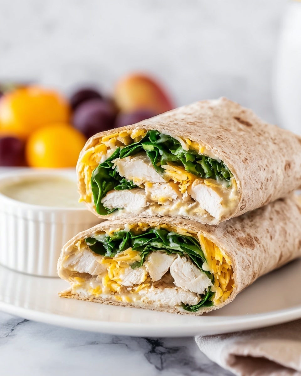 A close-up of a wrap cut in half and stacked, showing three main layers inside a light brown whole wheat tortilla; the innermost layer is white cooked chicken, followed by a layer of shredded yellow cheese, and a layer of fresh green leafy lettuce closest to the tortilla. The wrap is placed on a white plate against a white marbled textured surface, with a small white ramekin filled with light-colored sauce and some blurred fruits in the background. Photo taken with an iphone --ar 4:5 --v 7