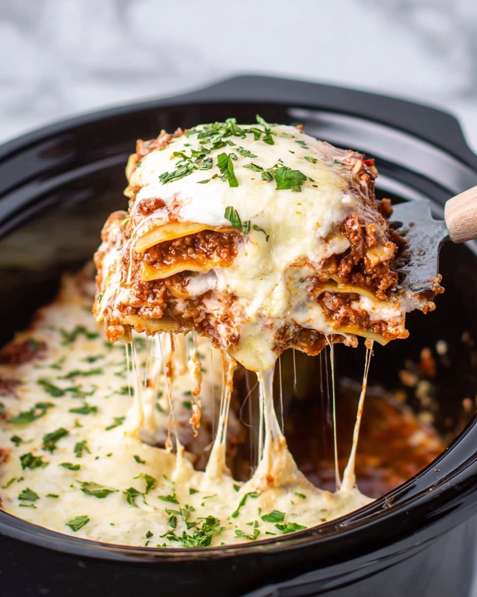 A thick slice of lasagna is being lifted with a spatula from a black slow cooker. The lasagna has four clear layers of pasta sheets with a dark brown cooked meat sauce and white cheese mixed inside. On top, a creamy light beige cheese layer is melted and stretches down with gooey texture. Bright green chopped herbs are sprinkled over the top for garnish. The slow cooker shows more melted cheese and sauce inside, with a glossy finish. The background surface is a white marbled texture. Photo taken with an iphone --ar 4:5 --v 7