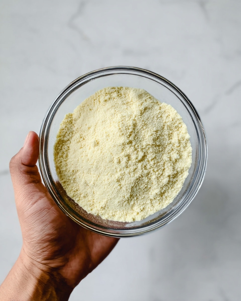 A clear glass bowl held by a woman's hand filled with a pale yellow powder that has a fine, slightly grainy texture, sitting against a white marbled background. The powder looks evenly spread inside the bowl and has a soft, delicate appearance. The woman's hand is visible under and around the bowl, giving a sense of scale and focus on the contents. Photo taken with an iphone --ar 4:5 --v 7