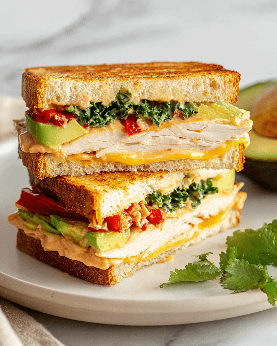 A close-up of a sandwich stacked in two halves on a white plate with a white marbled surface beneath. Each sandwich half has three thick layers of toasted golden-brown bread. Between the bread layers, the bottom layer has bright yellow melted cheese, followed by slices of light cooked chicken breast, bright red roasted red peppers, fresh green kale leaves, and slices of creamy light green avocado. A light orange spread is visible between the layers, especially near the edges. Fresh green cilantro leaves are placed near the sandwich as garnish. Photo taken with an iphone --ar 4:5 --v 7