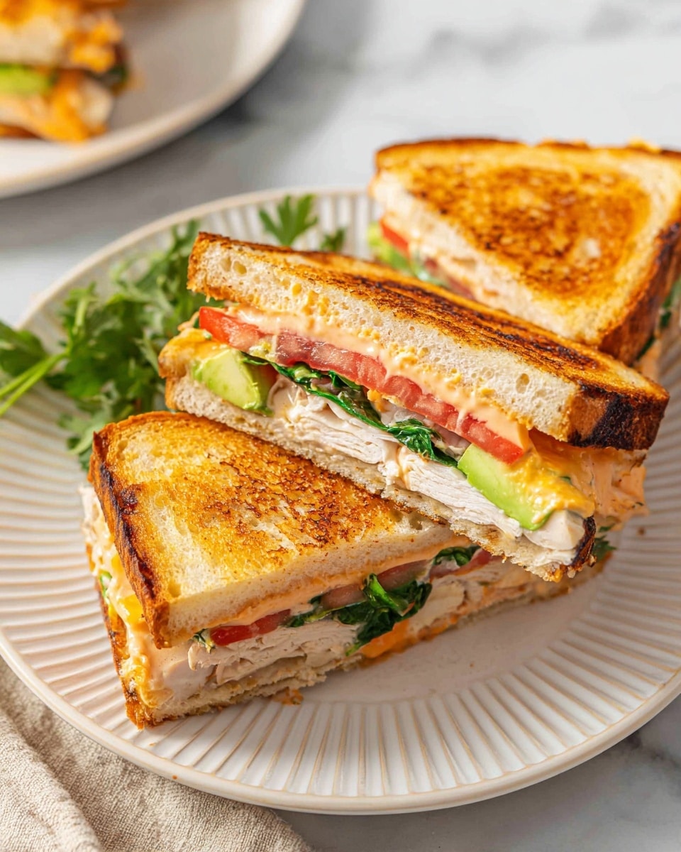 The image shows a grilled sandwich cut into three pieces on a white plate with a ridged edge. The sandwich has two slices of toasted bread with a golden brown, slightly crispy texture. Inside the sandwich, there are clear layers of sliced tomato, green leafy spinach, creamy avocado, cooked white meat turkey, and a melted yellow cheese slice. There is also a light orange sauce spread on the bread visible near the edges. The plate is set on a white marbled surface with some green herb leaves beside the sandwich pieces. photo taken with an iphone --ar 4:5 --v 7