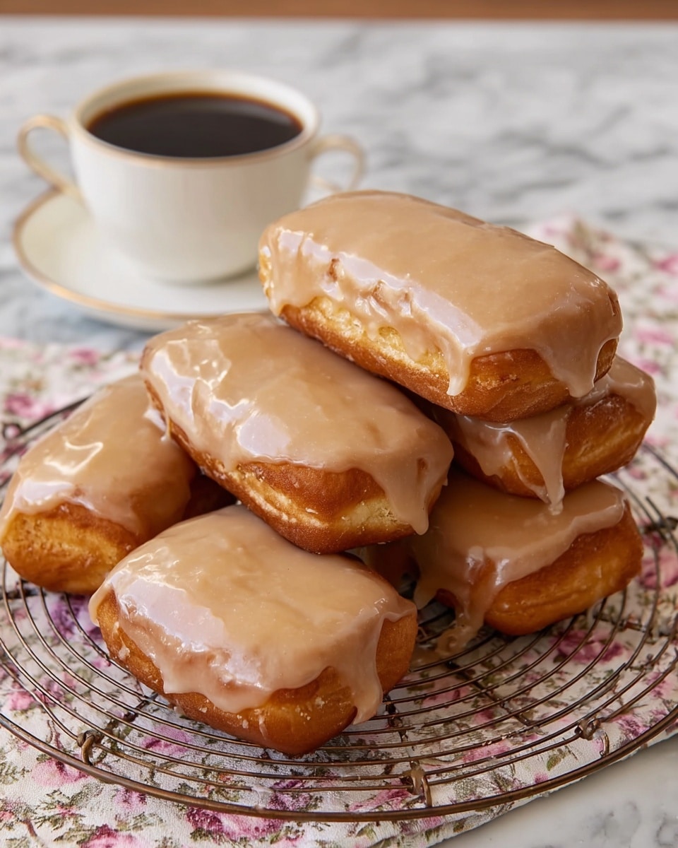 The image shows five rectangular glazed doughnuts stacked on a round wire cooling rack with a floral cloth underneath. Each doughnut has a shiny, light brown glaze thickly coated on the top, dripping slightly over the sides. The doughnuts themselves are golden brown with a soft texture visible on the edges. To the left, there is a white cup filled with dark coffee on a matching white saucer. Everything is placed on a white marbled textured surface. photo taken with an iphone --ar 4:5 --v 7