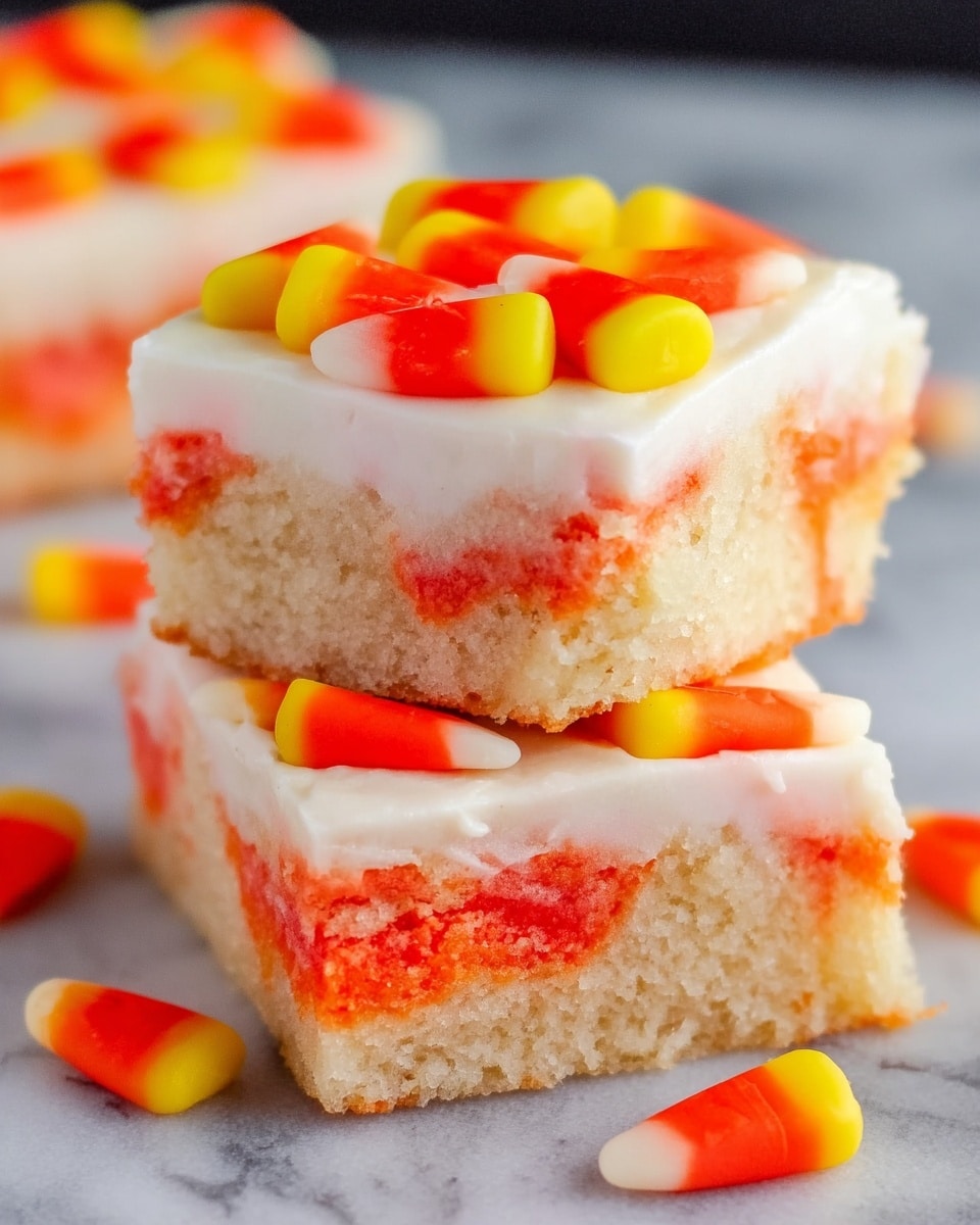 Two square pieces of soft cake stacked on a white marbled surface, each with two layers: the bottom layer is light beige with swirls of red-orange color, and the top layer is thick white frosting. The top piece has three candy corn pieces—yellow, orange, and white—placed on the frosting, with more candy corns scattered around the base. The cake looks moist and dense with a smooth frosting layer. photo taken with an iphone --ar 4:5 --v 7