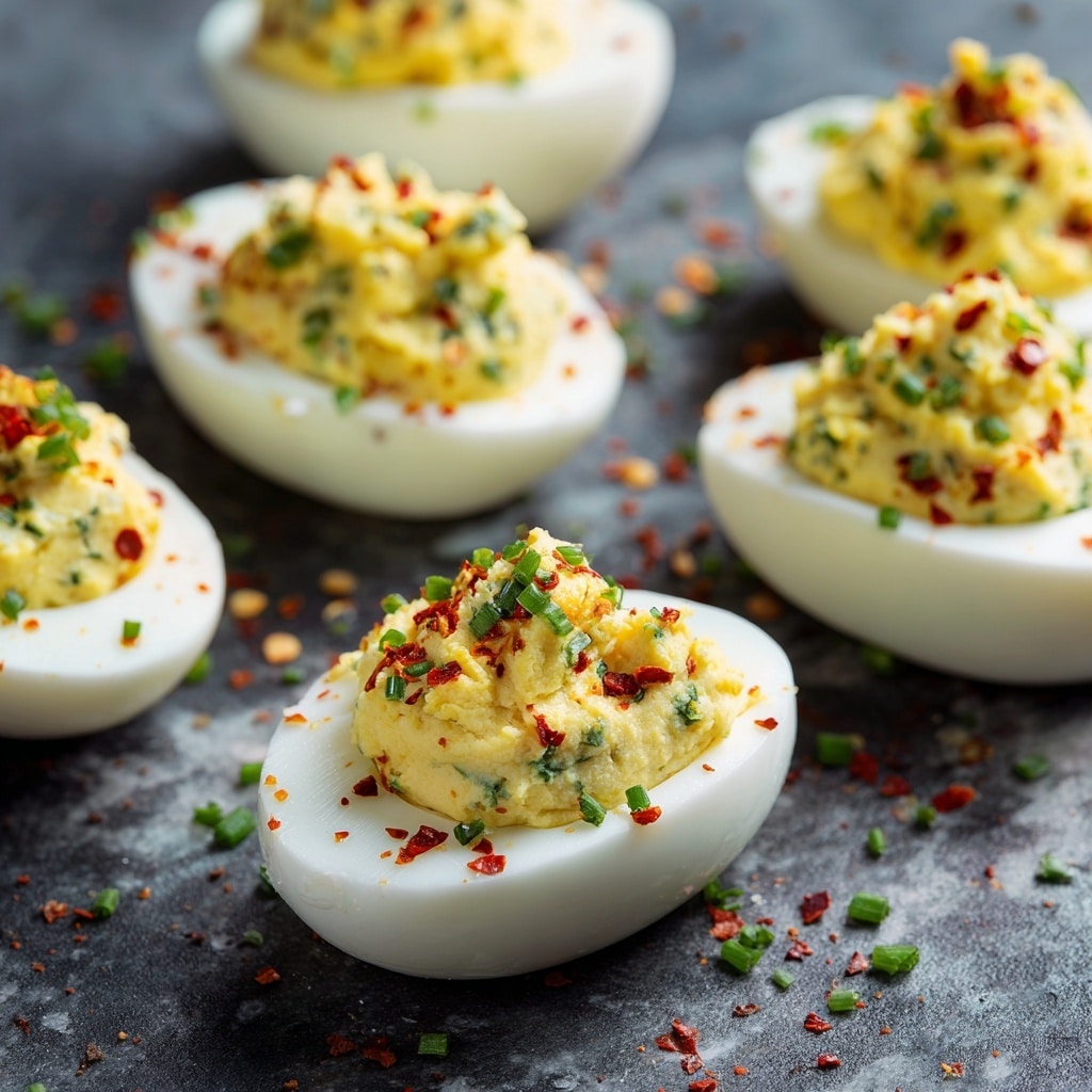 The image shows several deviled eggs arranged on a dark surface that has been changed to a white marbled texture. Each egg half has a smooth, white outer layer with a creamy pale yellow filling that is slightly textured and piled high in the center. The filling is topped with small bright red chili flakes and scattered green chives, adding a pop of color and a fresh, slightly rough texture. The eggs are spaced out evenly with some filling and toppings sprinkled lightly around them on the surface. Photo taken with an iphone --ar 4:5 --v 7