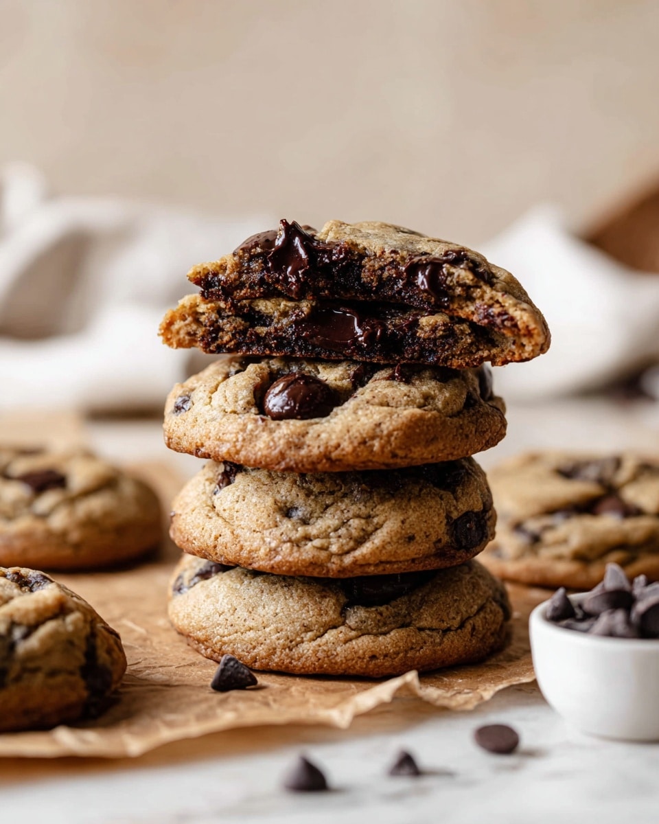 There are five round cookies with a light brown color speckled with darker spots, each cookie has a thick layer of shiny melted dark chocolate on top with a few flakes of sea salt, and small dark chocolate chips embedded in the dough. The cookies are placed on crinkled parchment paper with a white marbled background visible around the edges. Scattered around the cookies are glossy dark brown coffee beans, with a white bowl filled with more coffee beans positioned on the right side of the image. photo taken with an iphone --ar 4:5 --v 7