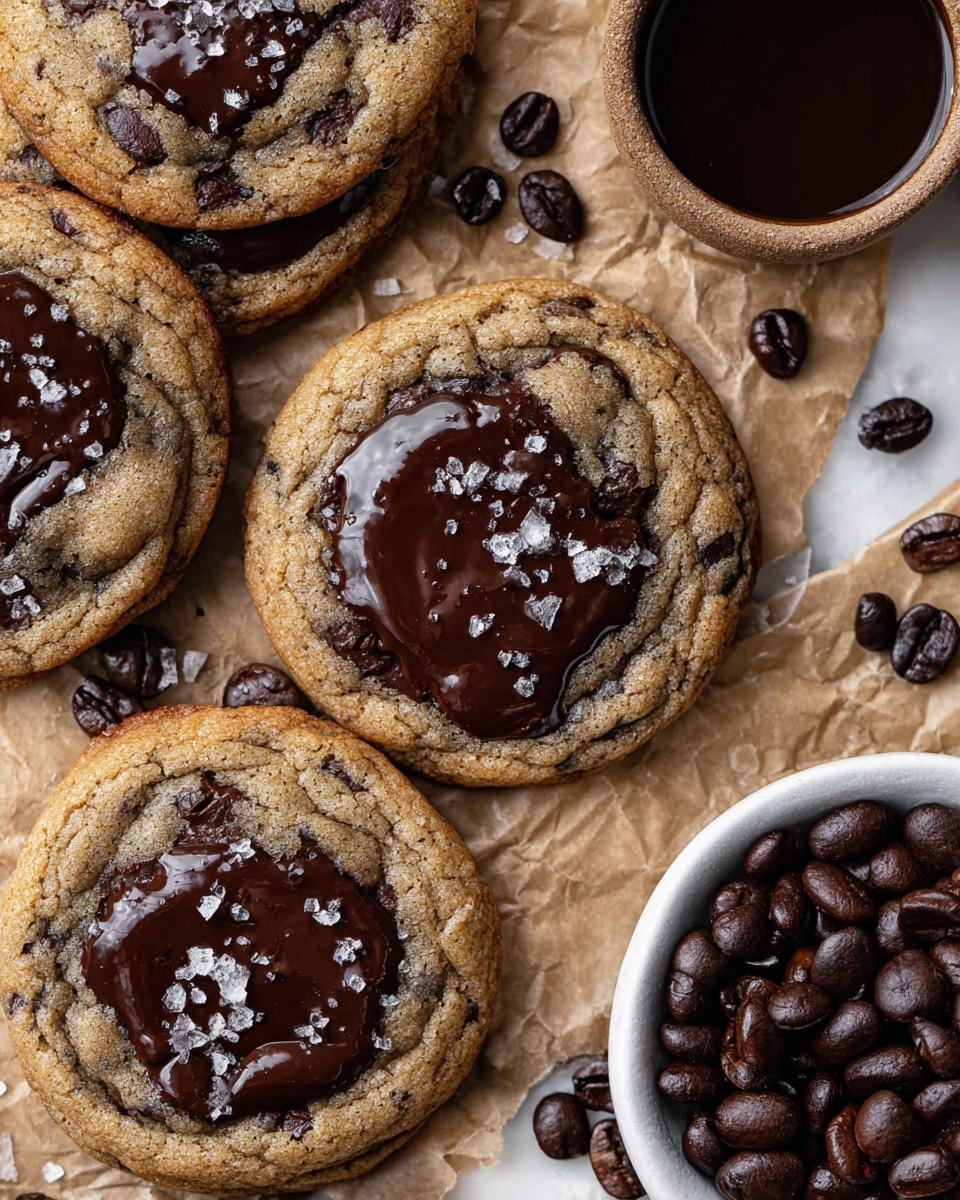 A stack of four thick chocolate chip cookies is shown on a crinkled light brown paper, placed on a white marbled surface. The bottom three cookies have a rough textured golden brown surface with dark, melting chocolate chips scattered throughout. On top sits a cookie broken in half, revealing a gooey, dark chocolate melted inside with a soft, moist texture. Nearby, scattered chocolate chips and a small white bowl holding more chips add detail to the setting. The background is softly blurred with neutral light tones, keeping the focus on the cookies. photo taken with an iphone --ar 4:5 --v 7