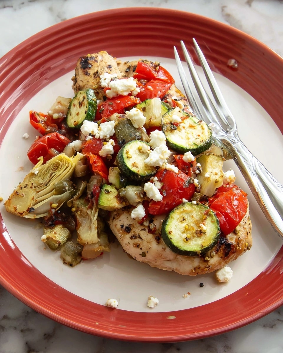 A white plate holds a grilled piece of chicken breast as the base layer, topped with a mixed layer of roasted vegetables including bright red tomato chunks, green zucchini slices with charred edges, and light beige artichoke hearts. The top layer features small white crumbles of feta cheese scattered unevenly over the vegetables. A silver fork rests on the upper right side of the plate. The plate sits on a white marbled surface. photo taken with an iphone --ar 4:5 --v 7