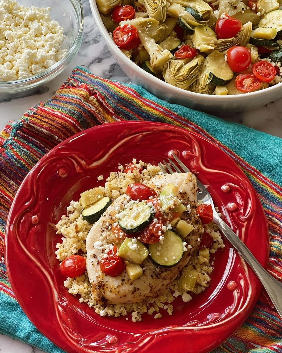A white round dish filled with cooked mixed vegetables including pale green artichoke hearts, green zucchini slices, and red cherry tomato halves is placed in the upper left corner, next to a clear glass bowl of crumbly white cheese on a colorful striped fabric. In the foreground, a red plate with decorative swirls holds a single cooked chicken breast topped with diced zucchini, sliced artichoke, and halved cherry tomatoes, sprinkled with small white cheese crumbs. The chicken rests on a bed of finely chopped, toasted cauliflower that is light brown and crisp, with a silver fork placed on the edge of the red plate. The background features a white marbled surface. Photo taken with an iphone --ar 4:5 --v 7