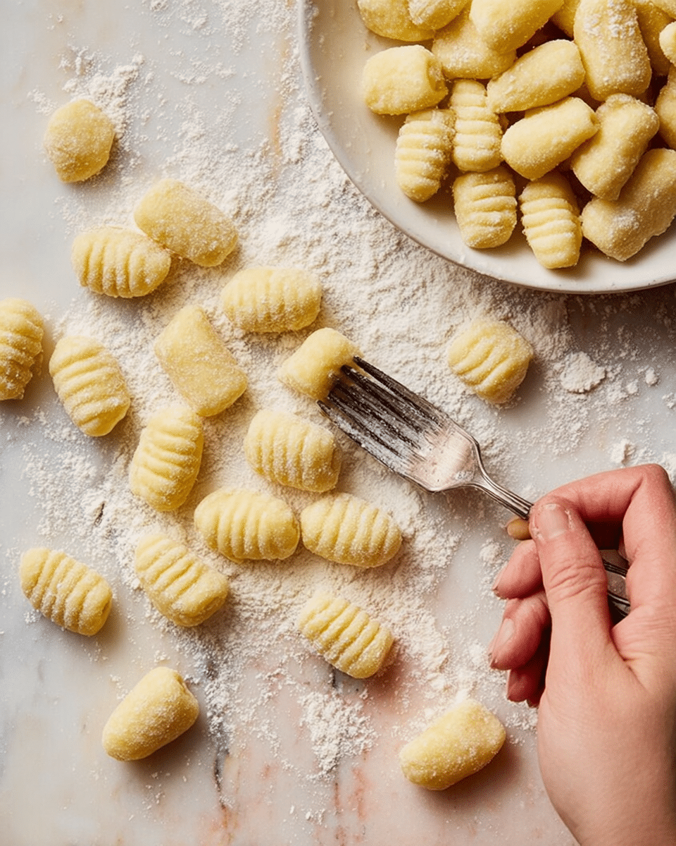 A woman's hand is shaping small, pale yellow gnocchi pieces on a white marbled surface scattered with flour. The gnocchi pieces have clear ridged textures on one side, created by pressing them with a silver fork held nearby. A white plate is filled with many more soft, doughy gnocchi shapes dusted with flour, all resting near the center of the image. Photo taken with an iphone --ar 4:5 --v 7