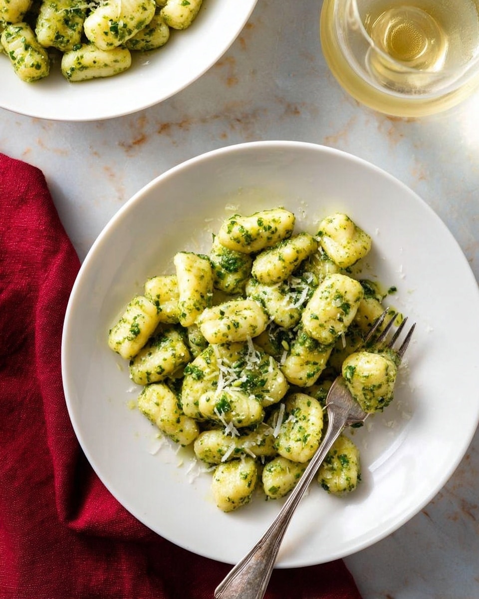 A white plate filled with small, pillow-shaped gnocchi pieces coated in a green herb sauce, with visible bits of chopped herbs scattered evenly across the soft, textured pasta. A silver fork rests on the right side of the plate, slightly digging into the gnocchi. Nearby there is a white bowl also containing more gnocchi with the same green sauce. A glass with a light-colored drink is placed on the white marbled surface beside the plate, and a deep red cloth is partially visible under the plate, adding color contrast to the scene. Photo taken with an iphone --ar 4:5 --v 7