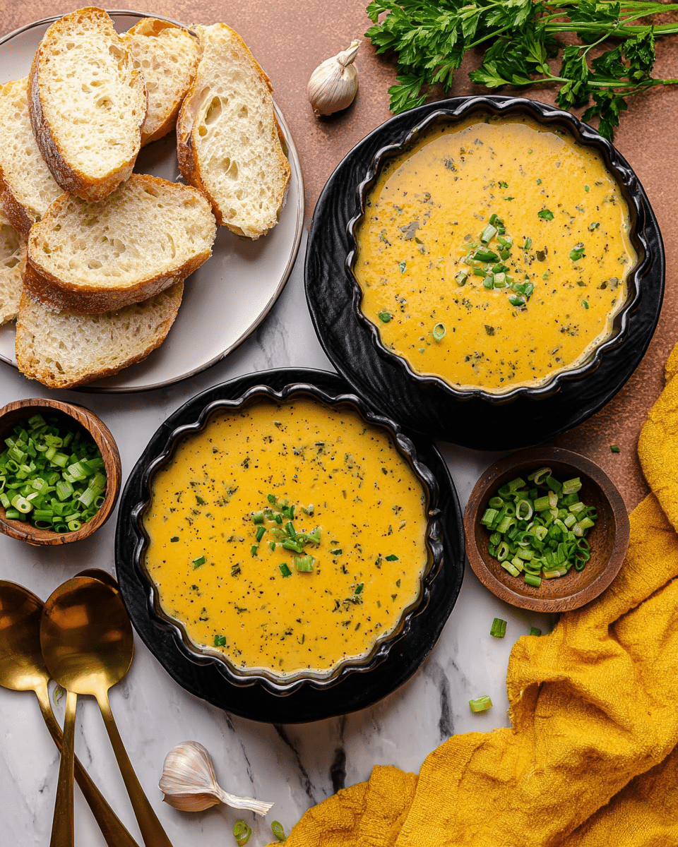 Two black scalloped bowls filled with a creamy orange-yellow soup speckled with herbs sit on a white marbled surface. Each bowl is topped with chopped green onions, adding a fresh green contrast. To the left, a white plate holds several slices of crusty bread with a crisp golden crust and airy inside. Around the bowls, there are fresh parsley sprigs, whole garlic cloves, and a wooden bowl filled with more chopped green onions. A yellow cloth and two golden spoons rest nearby, completing the cozy, inviting setup. photo taken with an iphone --ar 4:5 --v 7