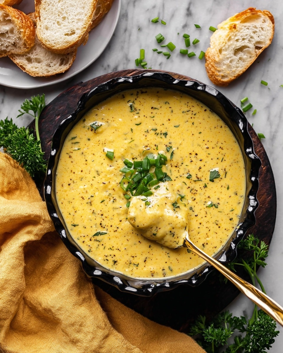 A black scalloped bowl filled with thick, creamy yellow soup speckled with small dark herbs sits centered on a white marbled textured surface. The soup shows visible small chunks and is topped with bright green chopped scallions placed in the middle. A gold spoon is partially dipped into the soup, lifting some of the creamy texture. To the top left, slices of crusty bread are slightly toasted and placed on a white plate, with a smaller piece resting near a soft yellow cloth draped casually around the bowl. Fresh parsley sprigs and chopped green onions are scattered around on the white marbled background, adding a fresh touch. Photo taken with an iphone --ar 4:5 --v 7