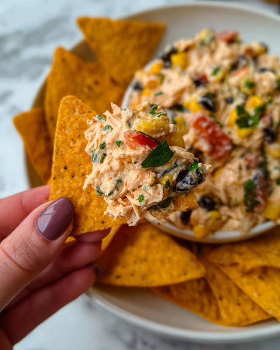The image shows a close-up of a woman's hand holding a triangular orange chip loaded with a creamy, chunky dip. The dip is made of several layers, including shredded chicken mixed with black beans, bits of yellow corn, finely chopped red tomatoes, and green herbs scattered throughout. The dip has an off-white, slightly orange color with a thick, textured appearance. The chip is in front of a white bowl filled with more of the same dip and multiple other triangular orange chips leaning against the side. The white marbled surface beneath the bowl adds a clean background. Photo taken with an iphone --ar 4:5 --v 7