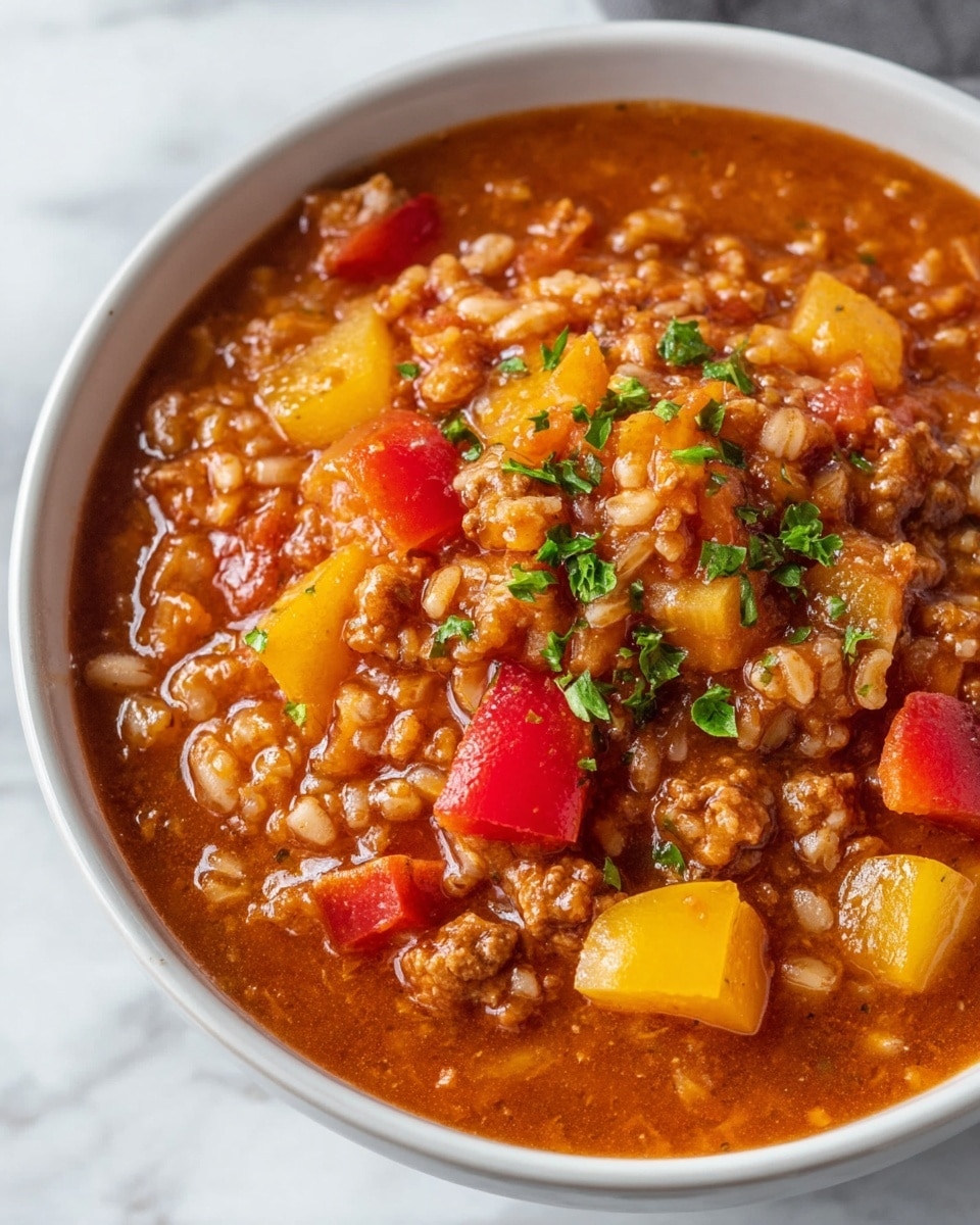 The image shows a white bowl filled with a thick, hearty soup made of a rich tomato base. Inside the soup, there are visible layers of tender ground meat, cooked rice, and diced vegetables, mainly red and yellow bell peppers, adding bright bursts of color. The soup is garnished with finely chopped green herbs and a sprinkling of grated cheese on top. The bowl is placed on a white marbled surface, with some hexagonal crackers scattered around. A spoon lies beside the bowl, and part of a woman's hand with a striped cloth napkin is seen near the left side. photo taken with an iphone --ar 4:5 --v 7