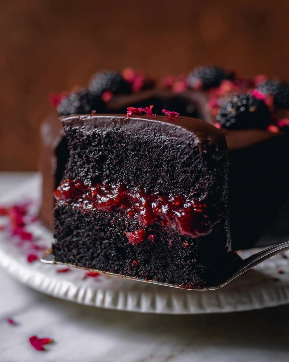 A dark black cake with two thick layers sits on a round textured silver board. The inside shows a bright red filling between the two black cake layers. The top is covered with smooth black frosting and decorated with small blackberries and dark chocolate skull-shaped chocolates, along with some red flower petals scattered around. A slice of the cake is cut out and placed on a white plate in the foreground, showing the same black layers and red filling. The scene is set on a white marbled surface with a warm, dim background. Photo taken with an iphone --ar 4:5 --v 7