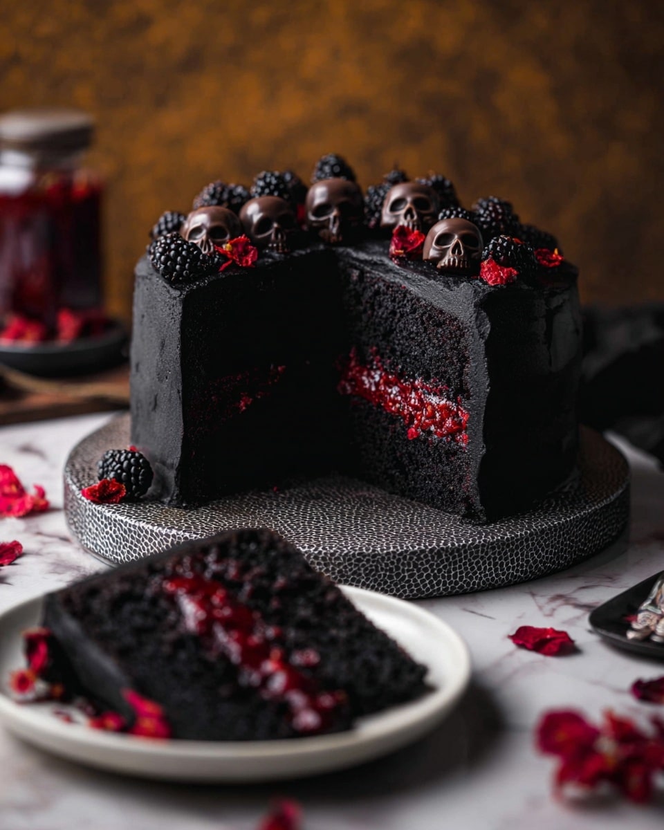 A dark black chocolate cake with two thick layers stands on a white plate with ridged edges on a white marbled surface. The cake slice being lifted shows a middle layer of rich, glossy, red berry jam. The top and sides of the cake are covered in a smooth, shiny black chocolate glaze with a few small red flower petals sprinkled on top. The close-up view focuses on the moist texture of the cake and the glossy fruit filling, with the rest of the cake decorated with dark chocolate balls and blackberries blurred in the background. photo taken with an iphone --ar 4:5 --v 7