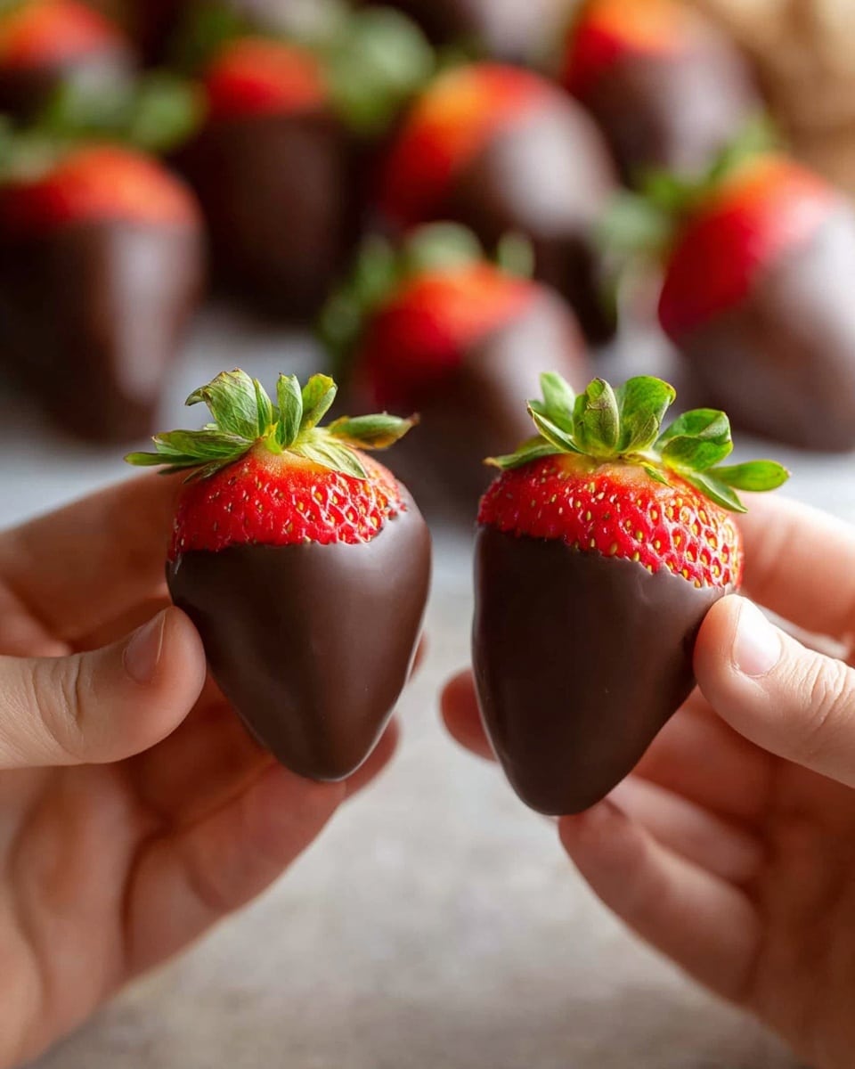 A pair of bright red strawberries, each partially dipped in smooth, dark brown chocolate, are held gently by two woman's hands. The chocolate covers roughly two-thirds of each strawberry, leaving the top third with the fresh red fruit and green leafy tops visible. In the background, more chocolate-covered strawberries rest on a surface with a soft blur effect, showing their glossy chocolate coating and vibrant red tips. The image has a cozy, close-up feel with natural light highlighting the rich texture of the chocolate and the juicy shine of the strawberries. Photo taken with an iphone --ar 4:5 --v 7
