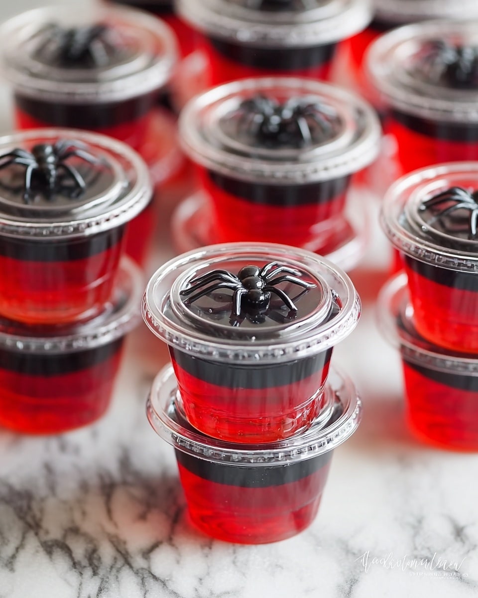The image shows several small clear plastic cups filled with two layers of jelly: the bottom layer is bright red and the top layer is black. Each cup is covered with a clear plastic lid, and some of the lids have a small black plastic spider on top. The cups are stacked in small piles on a surface with a white marbled texture, creating a festive and spooky look. photo taken with an iphone --ar 4:5 --v 7