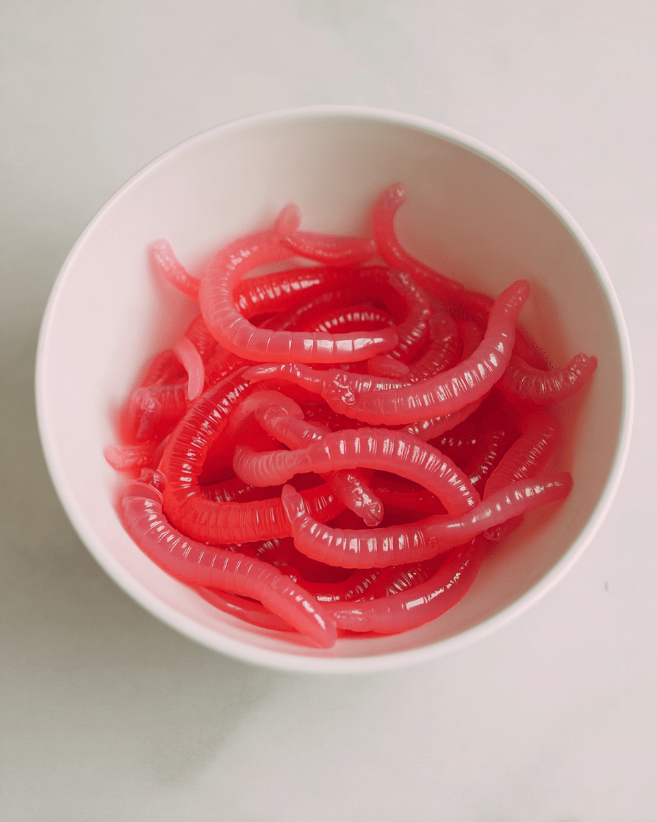 A white metal cup with a hammered texture is filled with thick, bright pink gummy worms that have a glossy, shiny surface. The gummy worms are tangled and coiled inside the cup, showing a smooth and slightly translucent texture with fine ridges running along their sides. At the bottom of the image, a woman's hand is holding the cup against a white marbled background. photo taken with an iphone --ar 4:5 --v 7