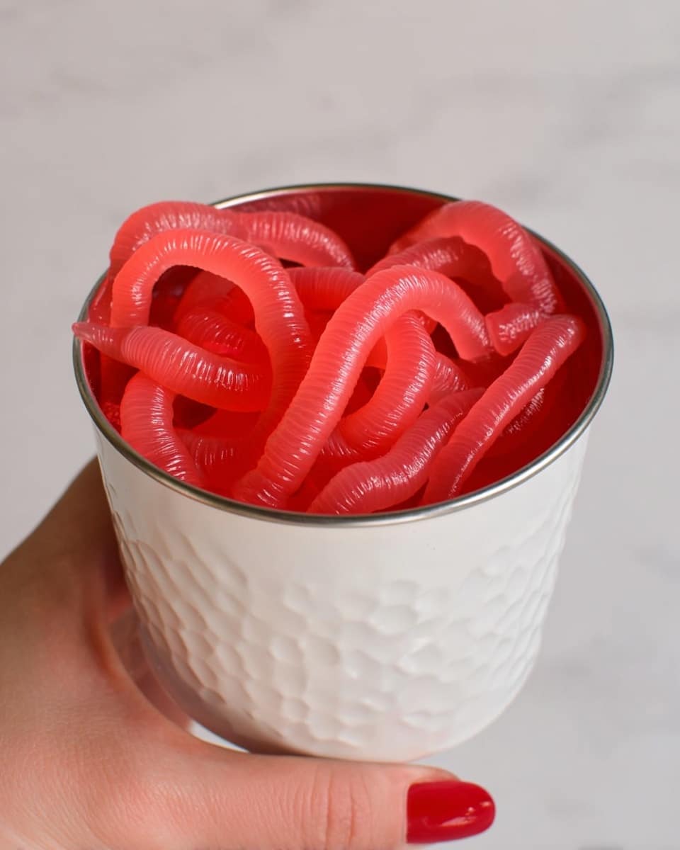 A white bowl filled with glossy, bright pink gummy worms piled loosely inside, showing smooth, slightly translucent textures and small segmented details on some worms, all sitting on a white marbled surface. photo taken with an iphone --ar 4:5 --v 7