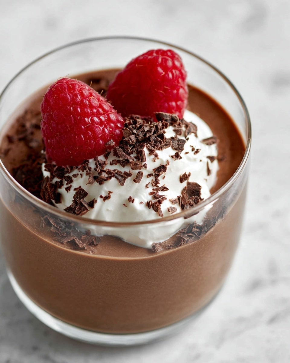 A clear glass cup holds three visible layers: the bottom layer is a smooth, rich brown chocolate mousse that fills most of the cup, topped with a small dollop of white whipped cream slightly to one side. On top of the mousse and whipped cream sit two bright red raspberries, adding a fresh touch. Dark chocolate shavings are sprinkled lightly over the whipped cream and mousse layers, giving texture and contrast. The cup is placed on a white marbled surface, creating a clean, elegant background. photo taken with an iphone --ar 4:5 --v 7
