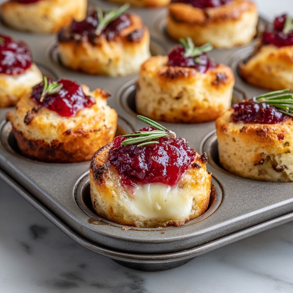 The image shows a close-up of a metal muffin pan filled with bite-sized pastries. Each pastry has three layers: the bottom crispy golden-brown dough, a melted creamy white layer of brie cheese in the middle, and a top layer of bright red cranberry sauce with a slightly chunky texture. Some pastries are garnished with small greenish-brown herb sprigs, likely rosemary, sticking out from the side. The pastries are nestled inside the round cavities of the pan, with light browning on the edges of the dough. The background surface is a white marbled texture. photo taken with an iphone --ar 4:5 --v 7
