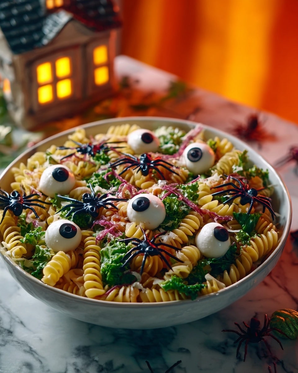 A large white bowl holds a mix of yellow spiral pasta as the base layer, with green leafy vegetables scattered through it. On top, several white mozzarella balls are placed, each with a black olive slice on the top resembling eyeballs. Thin red worm-like pieces and black rubbery spider shapes are arranged over the pasta, adding a spooky effect. The dish sits on a white marbled surface, with a warm orange light glowing in the background next to a small house decoration. photo taken with an iphone --ar 4:5 --v 7