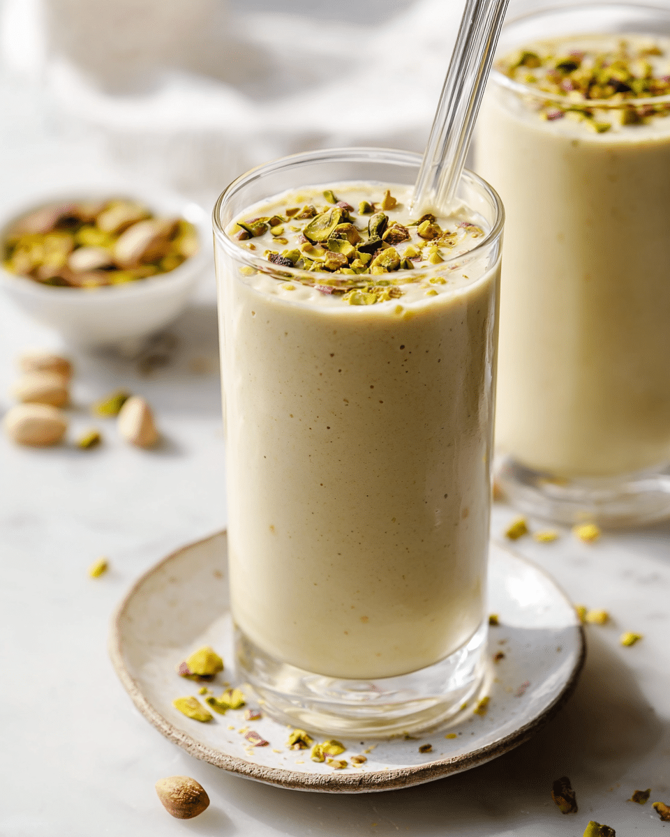 The image shows a tall clear glass filled with a creamy light beige drink topped with small pieces of chopped green and brown pistachios. The drink is smooth with a thick texture and a glass straw sticking out from the top. The glass is placed on a white plate with a slightly textured edge, which sits on a white marbled surface. In the background, another similar glass filled with the same drink is visible, along with a small white bowl of more pistachios, some whole pistachios scattered on the surface around. The lighting is bright and natural. photo taken with an iphone --ar 4:5 --v 7
