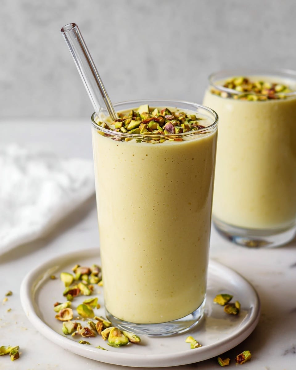 A tall clear glass filled with a creamy pale yellow smoothie, topped with a layer of small bright green and brown chopped nuts, mostly pistachios, covering the surface. A clear glass straw is inserted on the left side of the drink. The glass sits on a white plate with a few scattered pistachio pieces around it. In the background, there is a second glass of the same smoothie, also topped with chopped nuts, placed on a white marbled surface. The overall scene has soft lighting with a simple, clean look. photo taken with an iphone --ar 4:5 --v 7