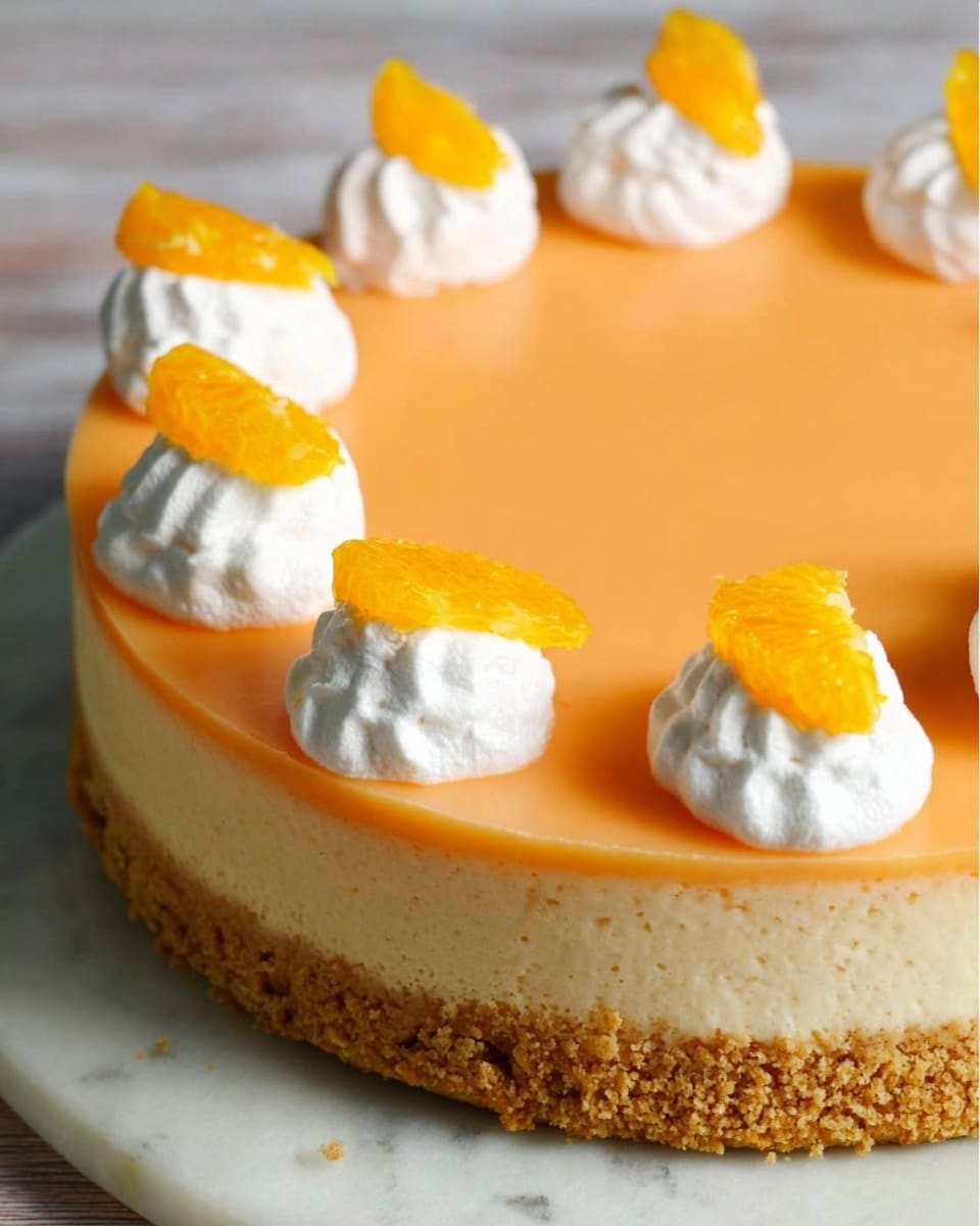 A round cheesecake with two clear layers sits on a white marbled surface. The bottom layer is thick, crumbly, and light brown, resembling a biscuit or graham crust. The top layer is a smooth, creamy orange color, about the same thickness as the crust. On top of the orange layer, there are six dollops of white whipped cream, evenly spaced near the cake’s edge. Each whipped cream dollop is topped with a small, bright orange wedge, adding a fresh, citrus detail. Photo taken with an iphone --ar 4:5 --v 7