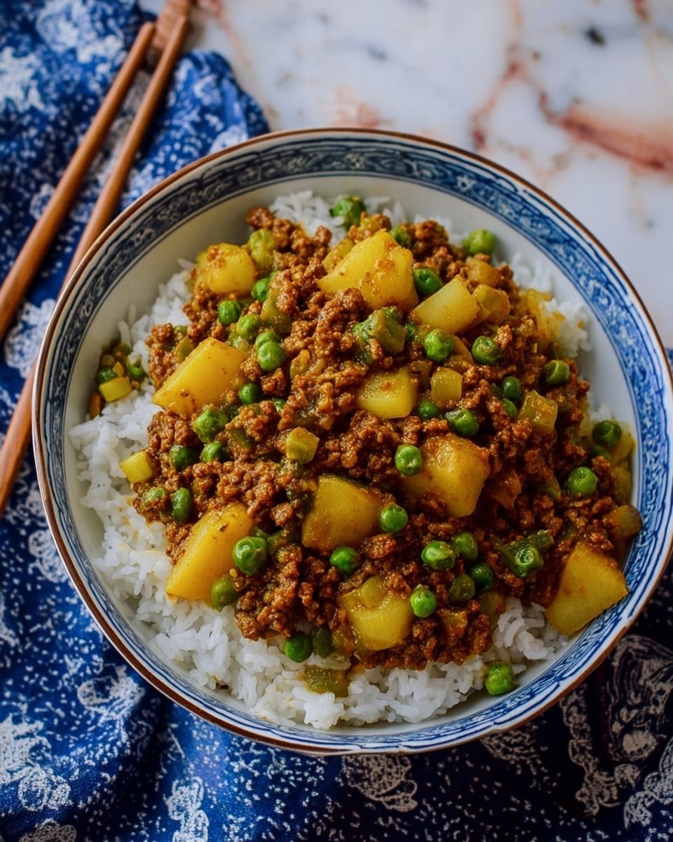 A bowl with two layers sits on a white marbled surface with a blue patterned cloth underneath. The bottom layer is white rice, visible at the edges, soft and fluffy. The top layer is a mix of cooked ground meat, small green peas, and diced yellow potatoes, all coated in a brownish sauce that looks rich and spiced. The bowl is white with a blue decorative rim, and a pair of wooden chopsticks rest beside it on the surface. photo taken with an iphone --ar 4:5 --v 7
