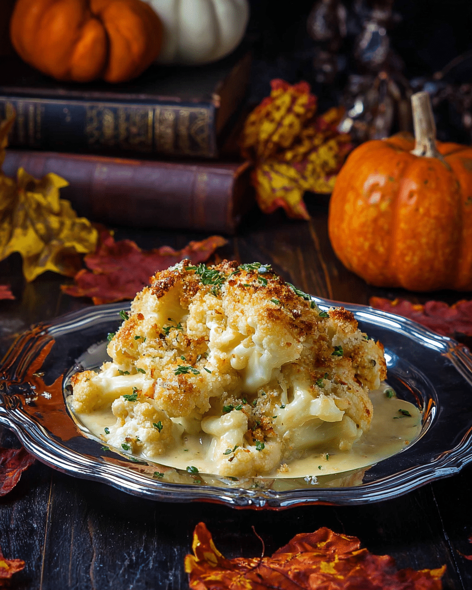 A serving of creamy cauliflower cheese sits piled on a shiny silver plate, with visible cauliflower florets covered in a thick, light yellow cheese sauce. The top layer has a golden-brown crispy breadcrumb crust, sprinkled with green herbs. The plate is placed on a dark wooden table surrounded by small orange and white pumpkins, colorful autumn leaves, and vintage books in the dim, cozy background. photo taken with an iphone --ar 4:5 --v 7