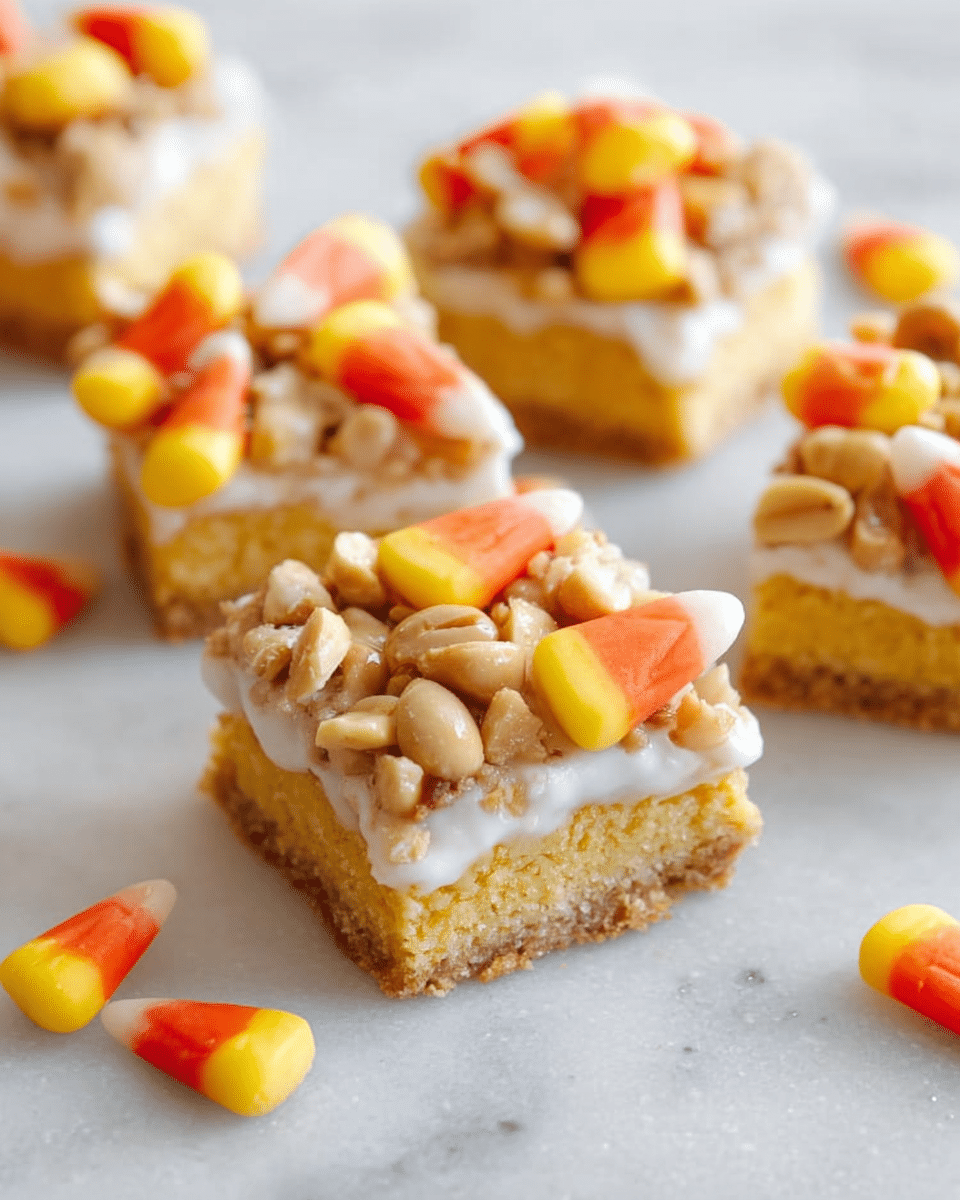 The image shows several small dessert squares placed on a white marbled surface. Each square has three layers: a bottom layer of light yellow soft cake, a middle layer of white creamy icing, and a top layer of a caramel-colored nut mixture with whole peanuts. On top of the nut layer, there are pieces of candy corn placed scattered, adding bright yellow, orange, and white colors. The dessert squares are surrounded by a few loose candy corn pieces on the surface. The overall look is a mix of soft, creamy, and crunchy textures with warm colors. photo taken with an iphone --ar 4:5 --v 7