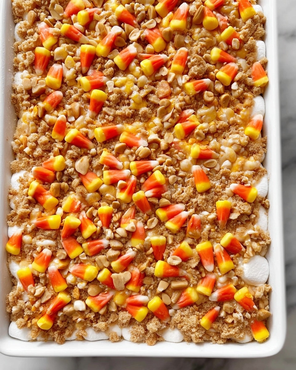 A white rectangular baking dish filled with a layered sweet treat, showing three clear layers. The bottom layer is white and fluffy marshmallows, peeking out from under the top layer. The top layer is a mix of golden brown lightly crunchy clusters, scattered with creamy light brown peanuts and bright orange, yellow, and white candy corn pieces. The textures vary from soft marshmallows to crunchy nuts and clusters, creating a colorful, textured pattern. The dish sits on a white marbled surface. Photo taken with an iphone --ar 4:5 --v 7