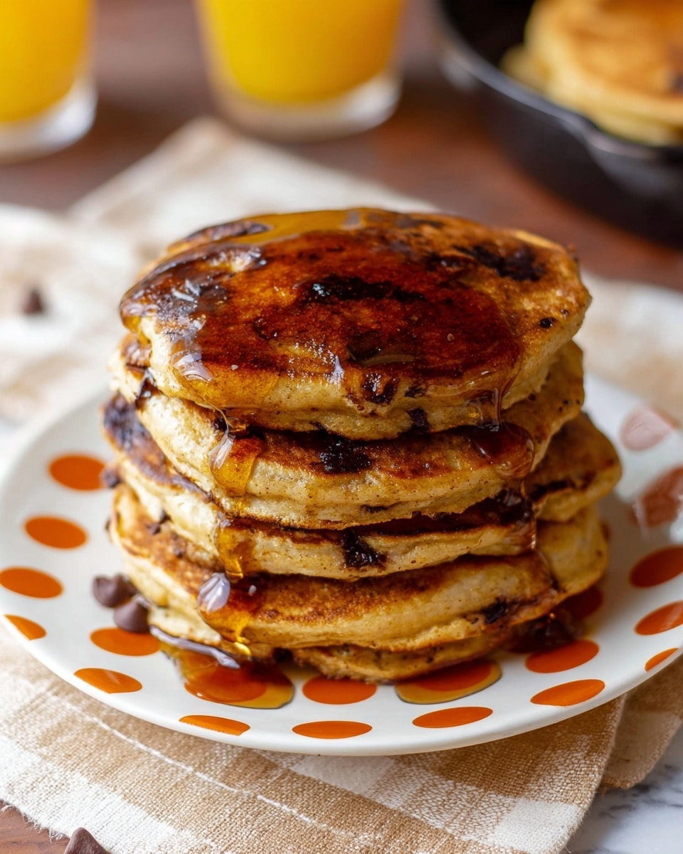 A stack of five thick, golden-brown pancakes with visible chocolate chips embedded in each layer is shown on a white plate with large orange polka dots. The top pancake is covered with a glossy drizzle of dark amber syrup that flows slightly down the sides of the stack, highlighting the soft texture and slight crisp edges. The plate sits on a beige checkered cloth covering a white marbled surface. In the blurred background, there is a hint of a glass with orange juice and a black skillet with more pancakes. photo taken with an iphone --ar 4:5 --v 7