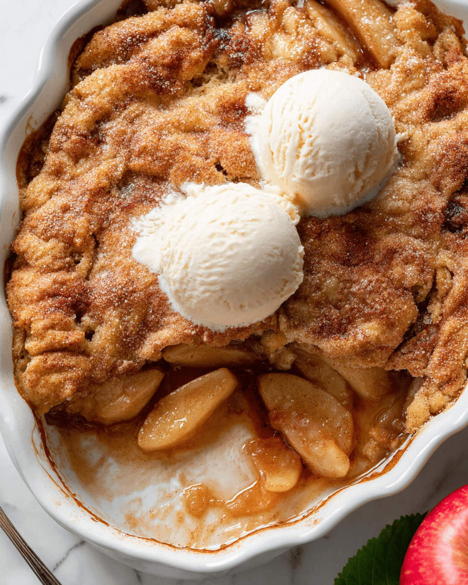 A close-up view of a baked dessert in a white scalloped ceramic dish shows a golden-brown, soft textured crust dusted lightly with cinnamon sugar. A portion of the crust is scooped away in the top right corner, revealing juicy, caramelized apple slices underneath that are golden and slightly translucent. Two scoops of smooth, creamy vanilla ice cream sit on top near the opened area, beginning to melt gently over the warm dessert. Part of a red apple and green leaves are visible on a white marbled surface next to the dish. photo taken with an iphone --ar 4:5 --v 7