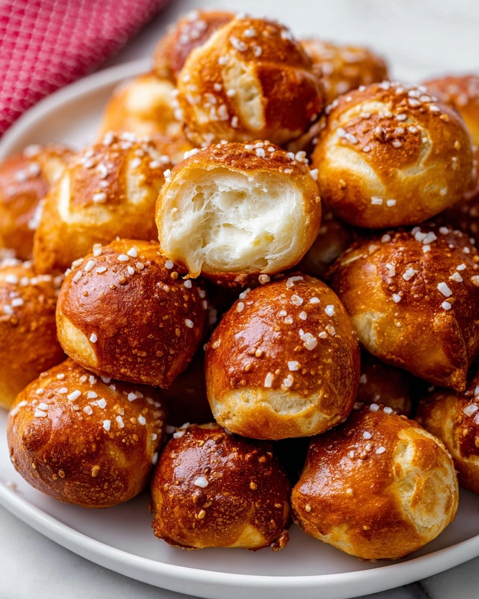 A white plate is filled with many soft, golden-brown pretzel bites. Each bite shows a shiny, slightly crispy outside with coarse salt grains sprinkled on top. One pretzel bite near the top right is broken open, revealing a fluffy, white, soft inside. The pretzel bites have a mix of darker, toasted patches and lighter golden areas, showing a fresh baked texture. The plate is placed on a white marbled surface with a hint of a red checkered cloth visible in the background. Photo taken with an iphone --ar 4:5 --v 7