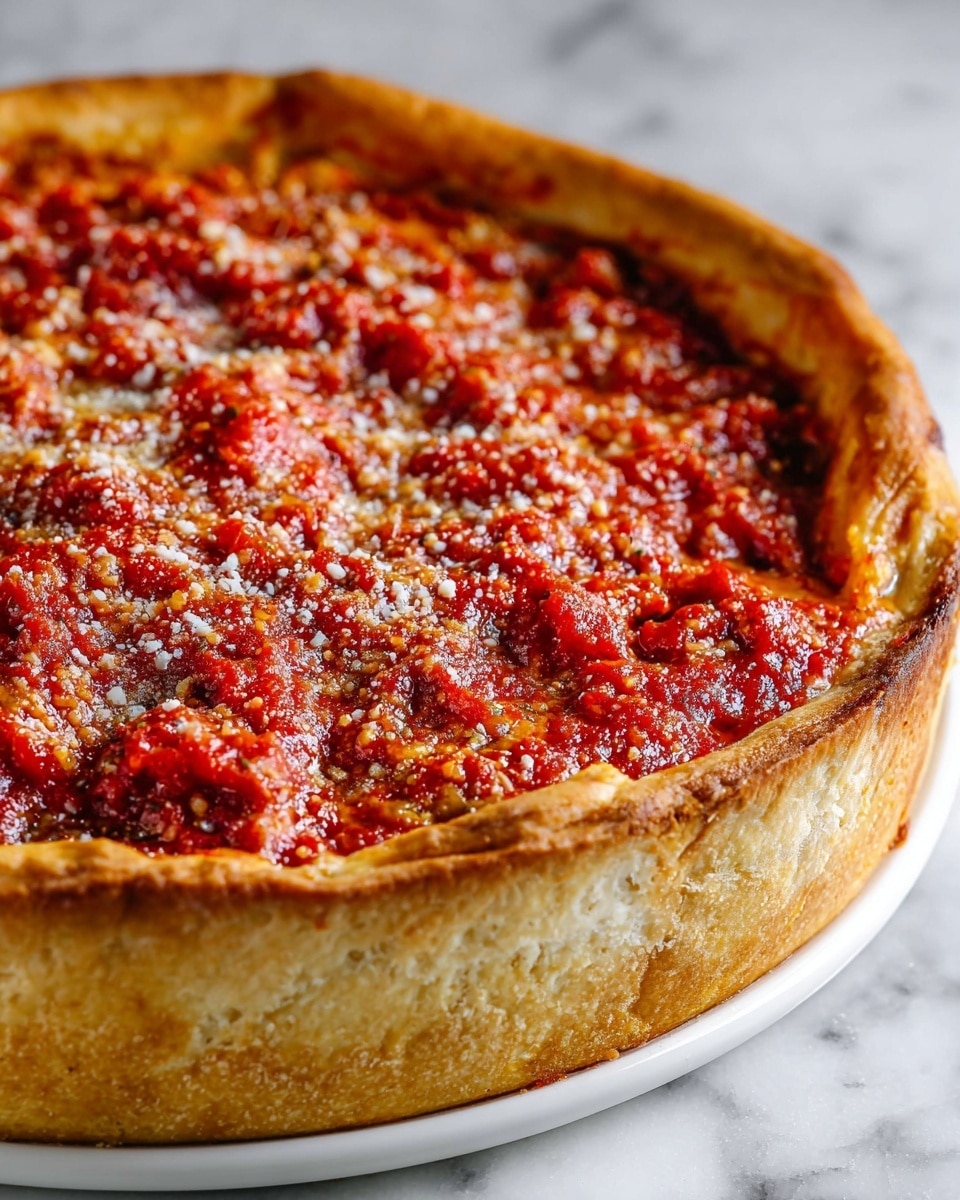 A close-up view of a deep-dish pizza showing three main layers: the thick golden-brown crust forms the base and edges, rising high around the pie; a middle layer of melted cheese can be seen slightly beneath the top; and the top layer is chunky, bright red tomato sauce sprinkled lightly with grated cheese, creating a textured surface. The pizza is in a white deep dish, resting on a white marbled surface. photo taken with an iphone --ar 4:5 --v 7