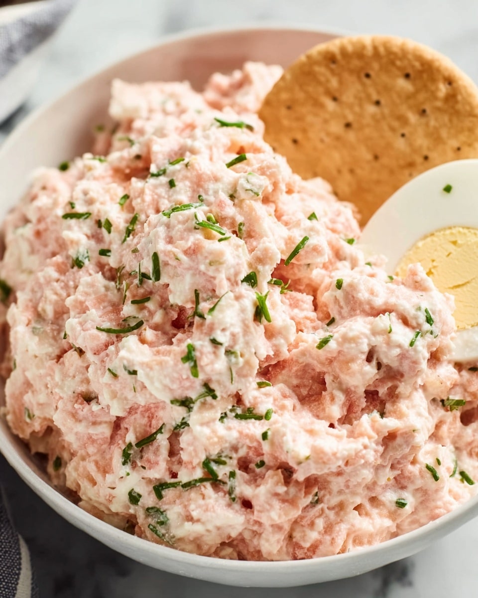 The image shows a close-up of a white bowl filled with a creamy, pinkish mixture that looks soft and chunky. Small pieces of green herbs are sprinkled on top evenly. Part of a round cracker dipped into the mix is visible near the center, with a sliced boiled egg placed at the edge of the bowl. The background is a white marbled texture. Photo taken with an iphone --ar 4:5 --v 7