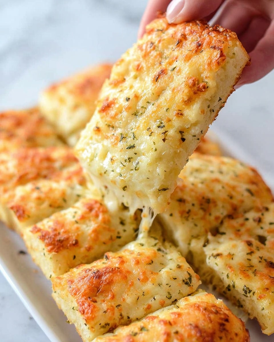 A woman's hand is holding a rectangular piece of cheesy bread, lifting it slightly above a white plate with more pieces of the same bread. The bread has a golden-yellow top layer that looks bubbly and melted, with specks of green herbs spread over it. The texture appears soft and stretchy with melted cheese strings visible between the lifted piece and the plate. The bread pieces are about two layers thick, with a crispy-looking top and a slightly fluffy bottom, all placed on a white marbled surface background. photo taken with an iphone --ar 4:5 --v 7