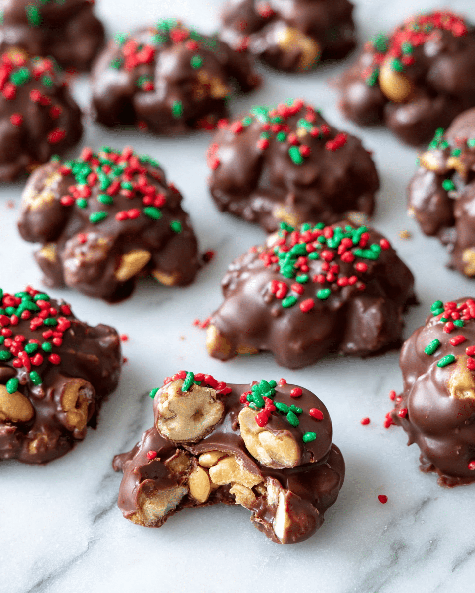 Clusters of milk chocolate coated mixed nuts, textured with whole cashews and peanuts inside, are spread out on a white marbled surface. Each cluster is rounded and bumpy with a glossy chocolate coating, decorated on top with small red and green sprinkles scattered unevenly. One cluster in the foreground has a bite taken from it, showing the dense nut filling inside through the smooth chocolate shell. The contrast of smooth chocolate, crunchy nuts, and colorful sprinkles gives a festive look. photo taken with an iphone --ar 4:5 --v 7