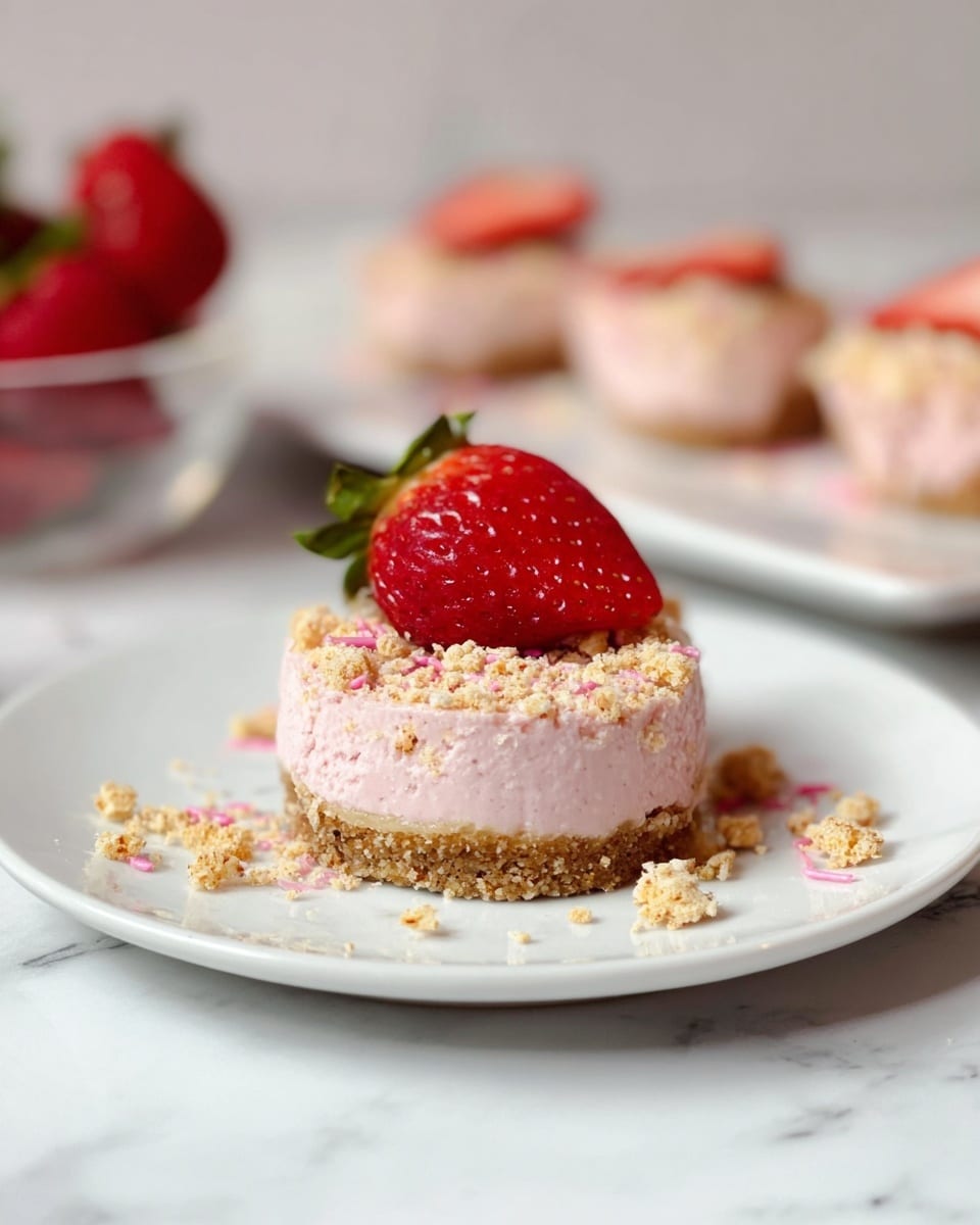 A small round strawberry dessert sits in the center of a white plate on a white marbled surface. The dessert has three layers: a bottom crust that is light brown and crumbly, a middle layer of smooth pink cream, and a top layer of coarse crumbled topping in pale beige with some pink sprinkles. A halved bright red strawberry with green leaves rests on top of the dessert. Crumbs are scattered around the dessert on the plate. In the soft background, there is a white rectangular plate with more of the same desserts and some whole strawberries in a clear bowl. photo taken with an iphone --ar 4:5 --v 7