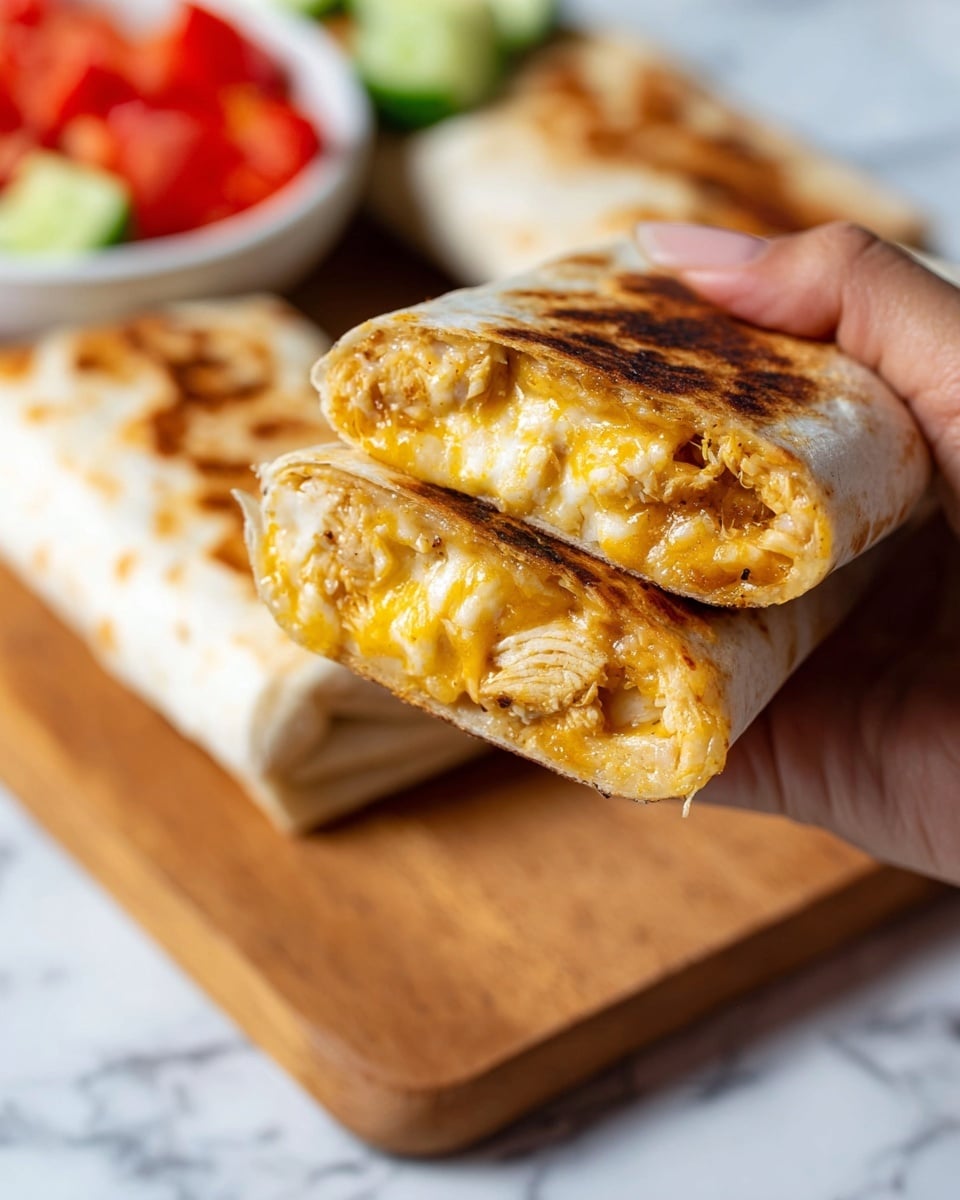 A close-up of a woman's hand holding two halves of a grilled wrap with a white toasted outer layer showing golden brown spots on the edges, revealing a rich, creamy filling of melted yellow cheese mixed with shredded chicken inside; the wrap halves are angled to display the thick, gooey cheese and soft, chunky chicken filling in two distinct layers. In the background on a wooden board, more whole wraps are visible with a lightly toasted white surface. A white bowl with diced red tomatoes and green cucumber pieces sits blurred behind the wooden board, all set on a white marbled surface. photo taken with an iphone --ar 4:5 --v 7