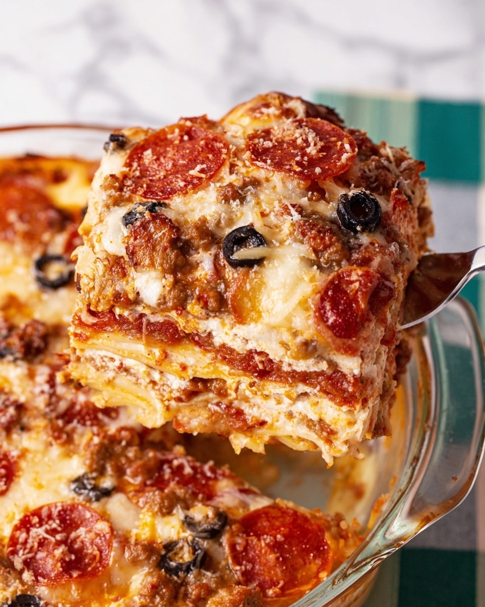 A thick slice of loaded pizza casserole is being lifted by a fork, showing multiple layers. The bottom layer is a light-colored pasta or dough layer, followed by a rich red tomato sauce. Above the sauce, there is a creamy white layer of melted cheese interspersed with browned sausage pieces. The next layer contains slices of pepperoni and black olives, scattered evenly over melted golden-brown cheese with small crisp edges. The topmost layer is a mix of melted cheese with a slightly browned, bubbly texture and small bits of grated cheese sprinkled. The dish sits in a clear glass baking dish on a white marbled surface with a green and white cloth in the background. photo taken with an iphone --ar 4:5 --v 7